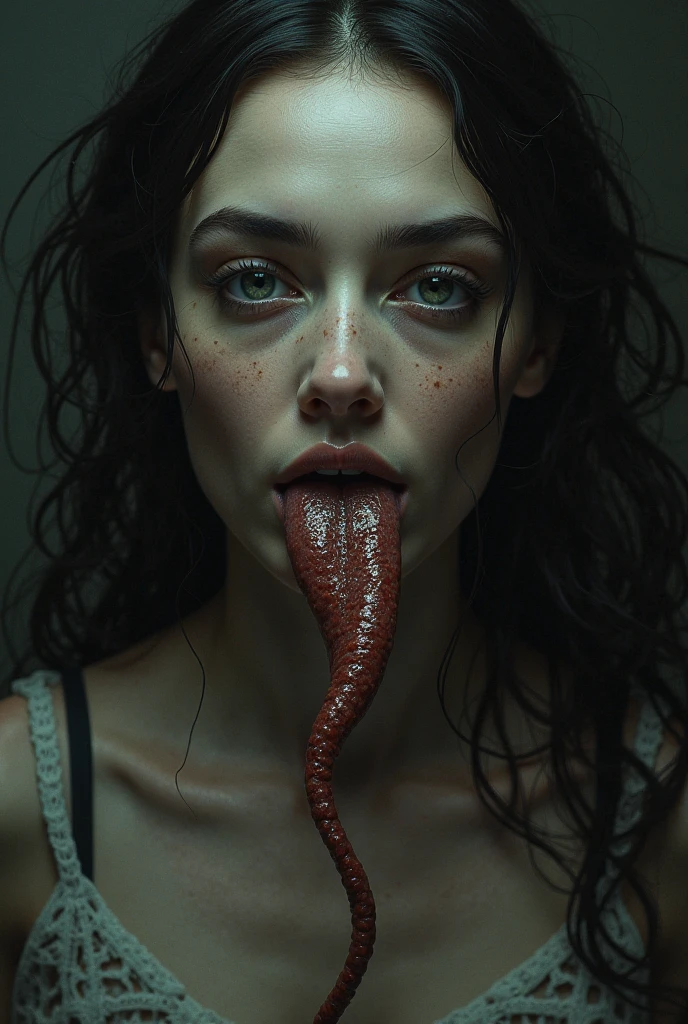 The woman's tongue changes into a snake's, My skin is turning into vinyl, The eyes are yellow and the pupils are long and vertical., Very beautiful, no freckles