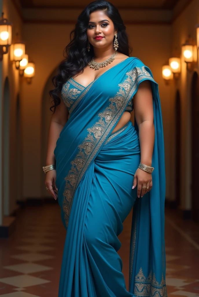 Beautiful Indian girl in 8k resolution. Full-body shot with a curvy body, high figure, and realistic textures. Detailed face with glowing skin, deep lip color, and attractive makeup. Wavy, bright hair in a new hairstyle. Wearing a colorful, stylish dress. Mysterious background.