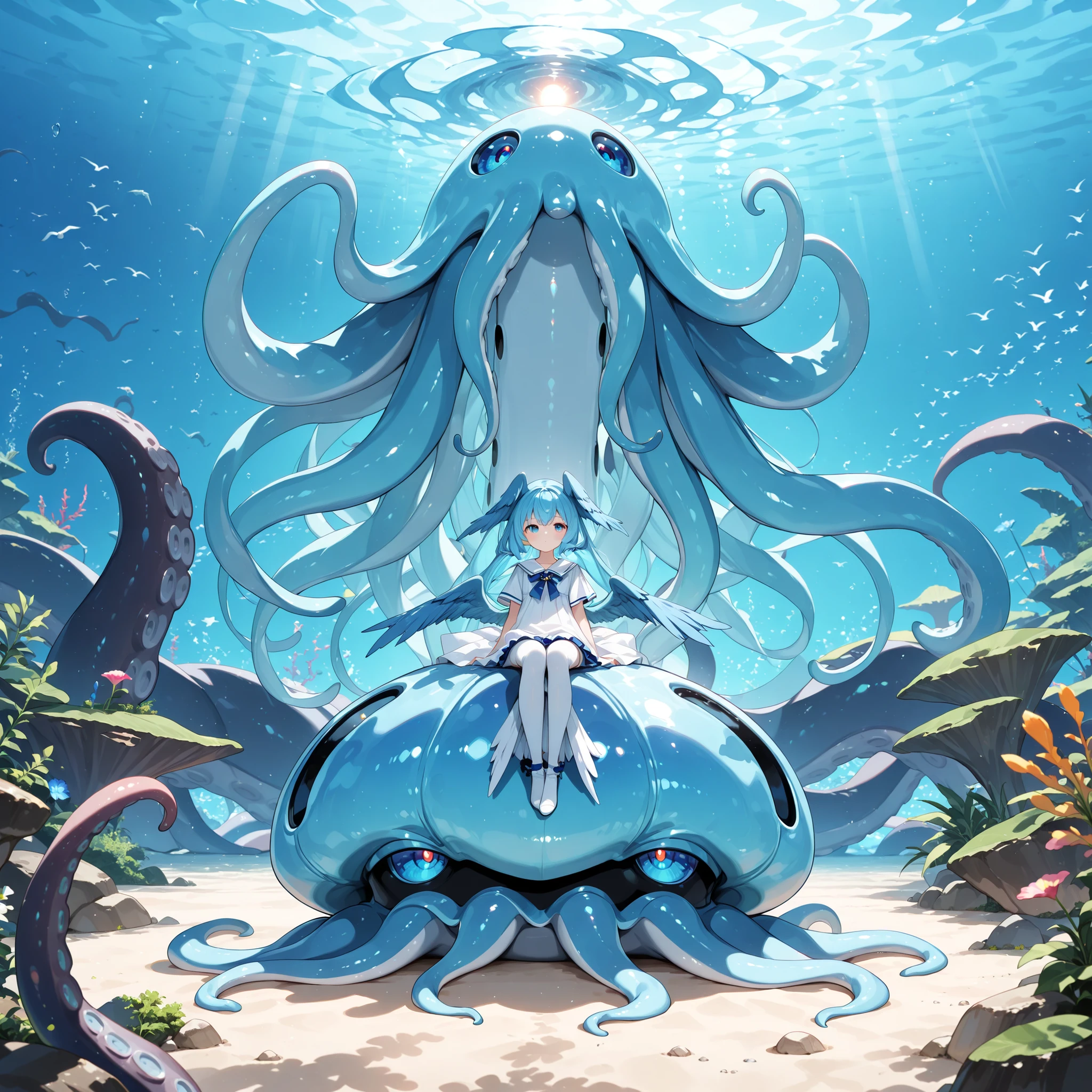 masterpiece, best quality, ultra detailed, anime style, (beautiful siren:1.2), 1girl, solo, full body, sitting, skyblue skin, scales on body, bird tail, skyblue bird tail, (large blue head wings:1.3), detailed eyes, mysterious underwater atmosphere, underwater background, white one-piece dress, kraken, giant kraken in the background, long tentacles