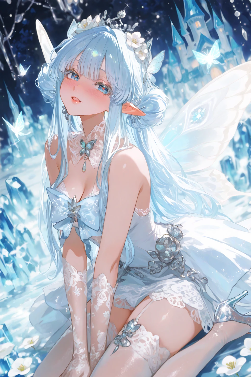 Frost Goddess,Frozen fluid,Ice World,ice,1girl,Translucent clothing,air bubble,blue butterfly,blue eyes,blue nails,breasts,Positive, character on the right, upper body, above knee level,Dynamic pose,bubble,Blue butterfly wings,butterfly wings,crystal,dress,glowing butterfly,long hair,looking at viewer,medium breasts,parted lips,solo,water