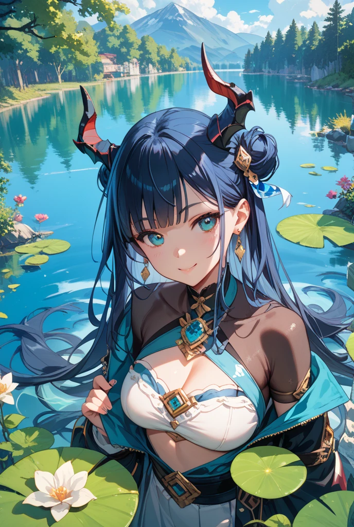 Long navy blue hair,Sexy big breasts,Affectionate yellow eyes,Beautiful mermaid girl