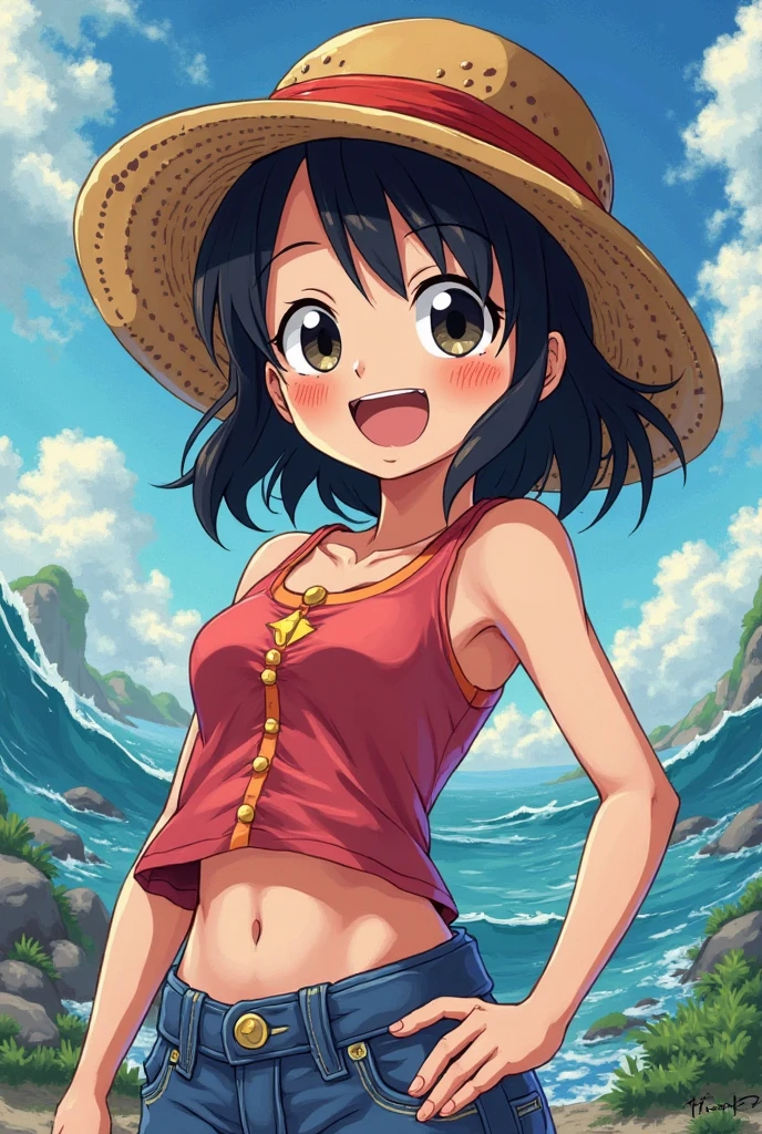 1girl, wanostyle, monkey d luffy, smiling, straw hat, looking at viewer, solo, upper body, ((masterpiece)), (best quality), (extremely detailed), depth of field, sketch, dark intensive shadows, sharp focus quality, soft lighting, HDR, colorful, good composition, fire all around, spectacular, closed shirt, anime screenshot, scar under the eyes, ready to fight, blue eyes