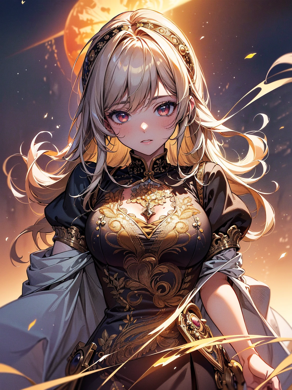 Masterpiece, very detailed, ultra detailed, one, (1 woman), she is in an ancient blue military uniform with white, long golden hair and tied hair and wild bangs, yellow demonic horns, yellow dragon wings, beautiful, charming, bright blood-red eyes, light eyes, elegant, huge breasts (big), neutral face, she is against the background of the night sky, thunderstorms and lightning.