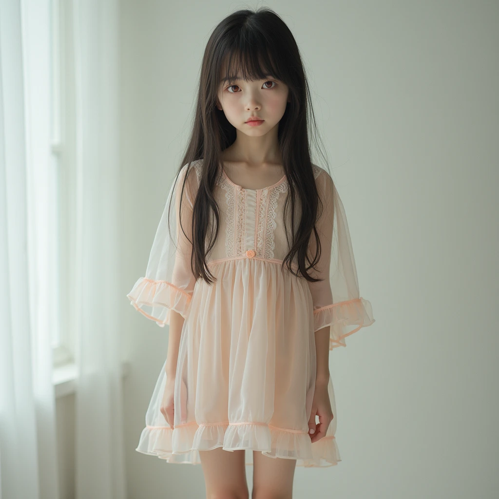 8K,masterpiece,Portrait Photography,Japanese,7-year-old girl,Big eyes,Fine grain,delicate,Extremely small breasts,Neat,Cute outfit,The light makes the clothes transparent,Girlish clothes,Summer Dresses,separate,Quite short in length,My belly is visible,Extremely short skirt,Micro mini chiffon skirt,Lace hem,Lace on the chest,ribbon,Medium-long hair,Cinematic lighting,Natural smile,Natural pose,Reader model for children's fashion magazine,