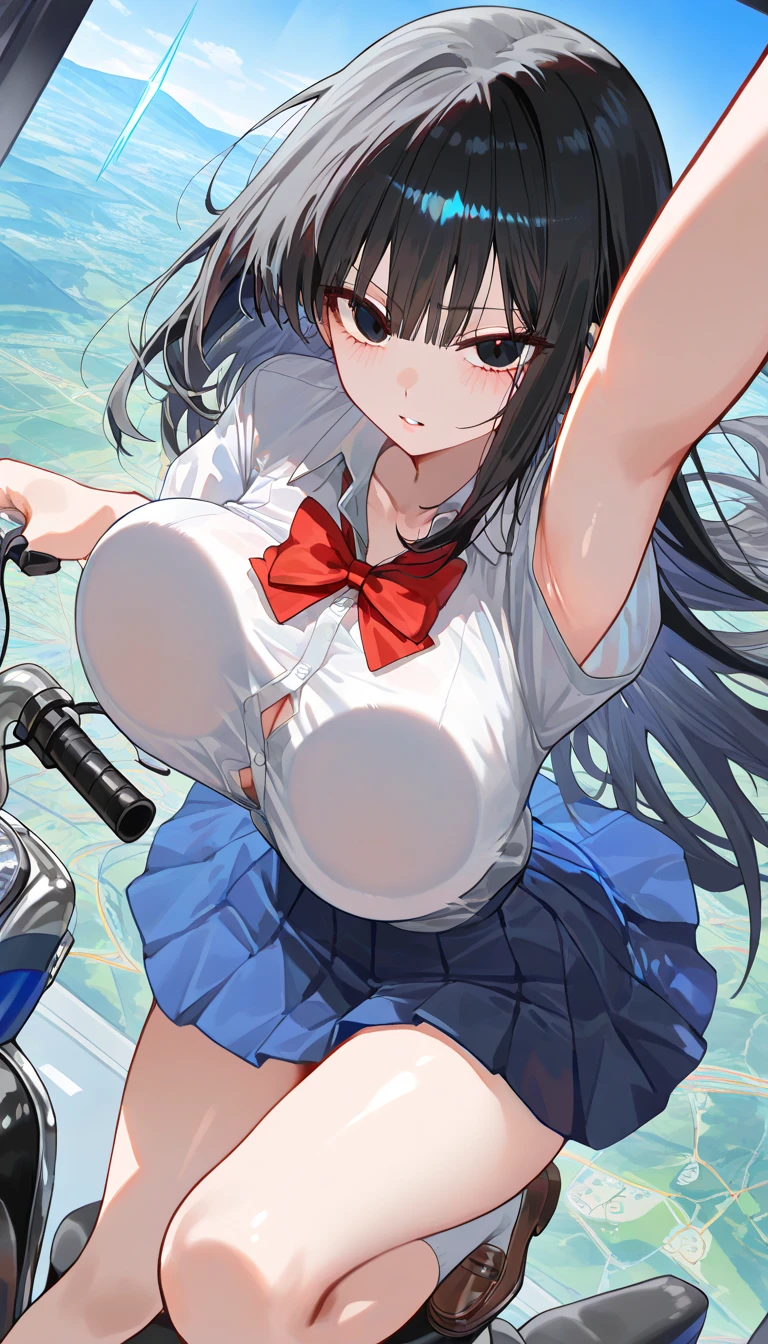 KAMIJOURUI
BLACK HAIR, Hair Clip, hair ornaments, bangs, long hair, Green Eyes, , empty eyes , large breasts, solo, nsfw, nipple, ride a bicycle, Open sea