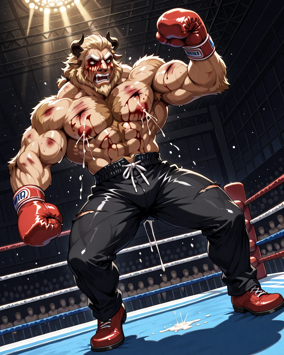 1boy, solo, muscular old man (furry grizzly bear) (bleeding, blood on body), ((fighting arena)), huge muscular, short hair, wearing kickboxing martial arts shorts, (cinematic light vfx background), dark background