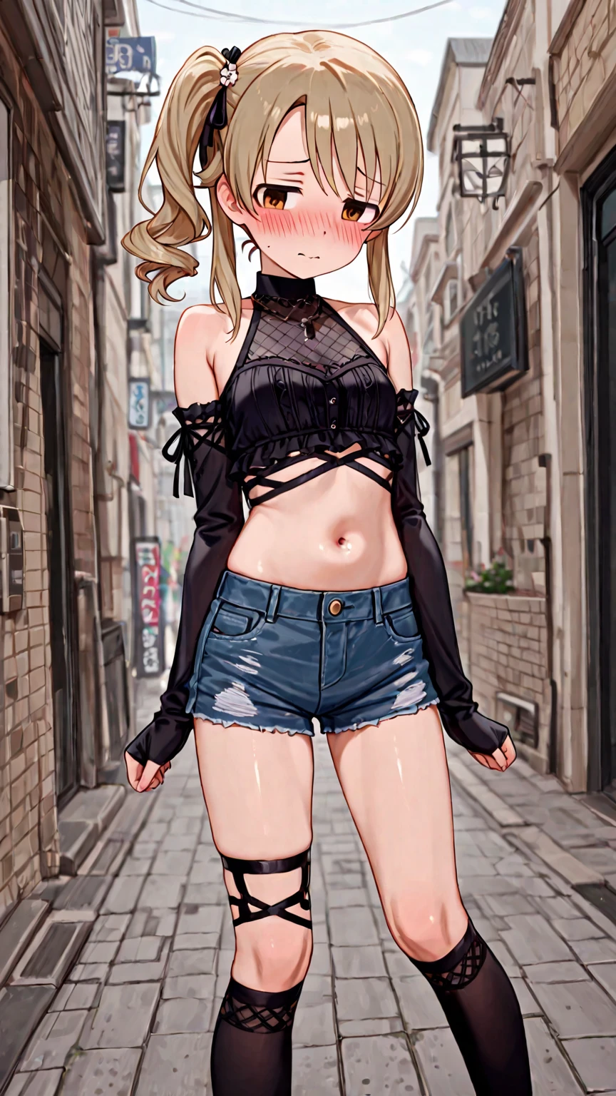 (absurdres, 8k, 4k, masterpiece, hyper extreme detailed:1.2), solo, 1girl, front view, portrait, best quality, perfect face, 1girl, portrait, solo, standing, Female, toned body, mature female, EJP breasts, , long hair, delinquent, sarcastic, swept bangs, midriff, exposed collarbone, exposed left shoulder, standing up, half body, shorts, bound, bondage, (arms behind back:1.4), bdsm, restrained,