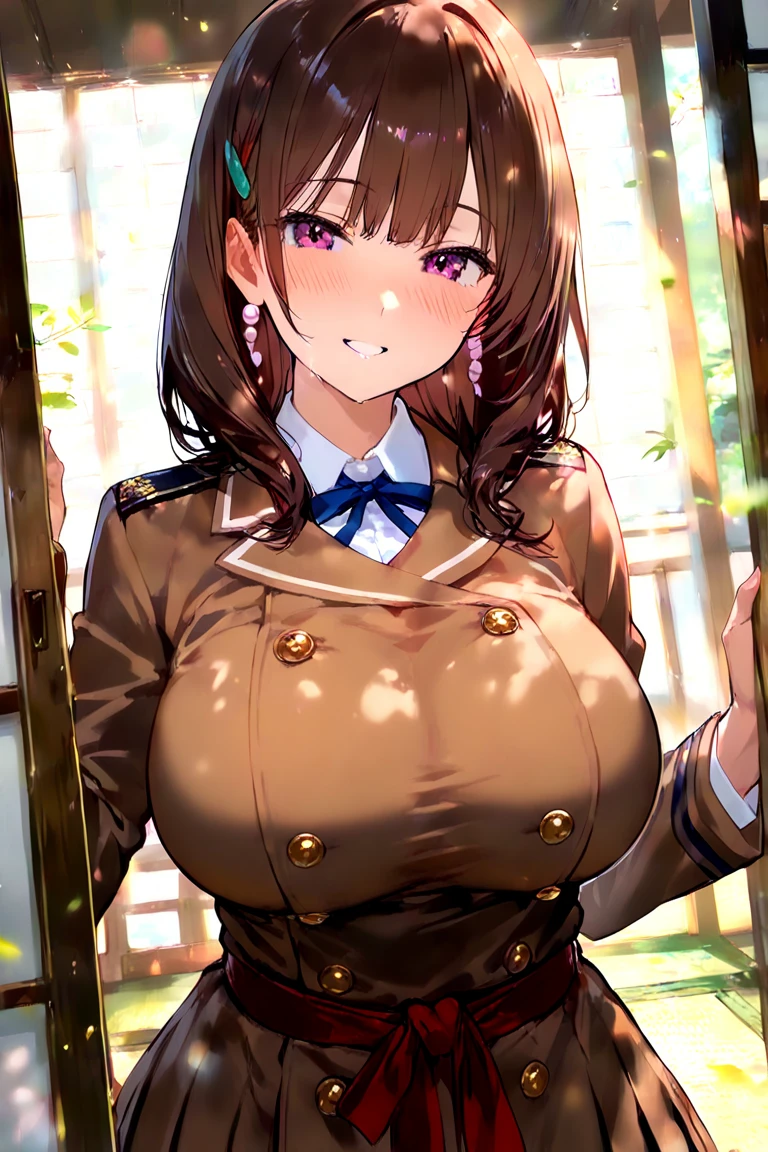 Masterpiece, Best Quality, Official Art, (Highly Detailed CG Unity 8k wallpaper), Detailed background, (Hands by Guido Daniele: 1.1), Feet out of frame, First Person View, 1, Attractive and Perfect Beautiful Woman, , JK,  Uniform, Rainy Day, Lots of Rain, Windy, (Curvaceous), ( White Thighs: 1.12), (Brown Long Hair: 1.12), (Ahoge (1.13), (high ponytail: 1.12), (green eyes: 1.13), big, (cleavage), beautiful face, (blush: 1.11), (smile: 1.11)