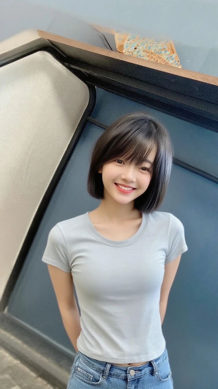 t-shirt, (detailed eyes:0.8), (looking at the camera:1.4), (highest quality), (best shadow), brown eyes, rim lighting, two tone lighting, dimly lit, low key, intricate details, interior, , swept bangs, open mouth:0.7,smile,<lora:henLoraV5:1> <lora:epiNoiseoffset_v2:1>