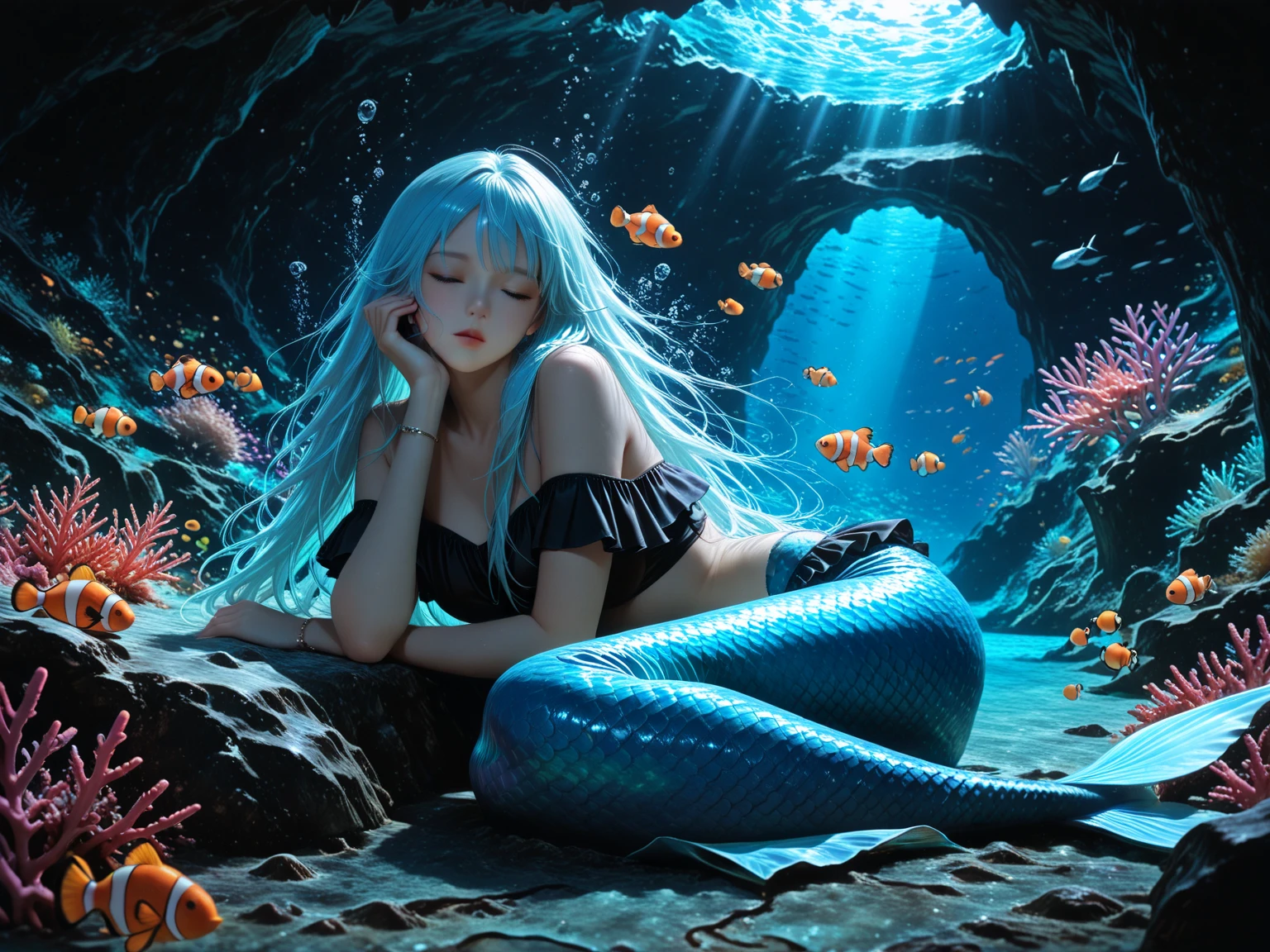 1girl, underwater, skeleton,corpse,Beneath the sea, where tendrils of coral and vines abound, a (mermaid) girl stares at you from amidst a pile of bones and skulls. Her eyes gleam with an eerie light.