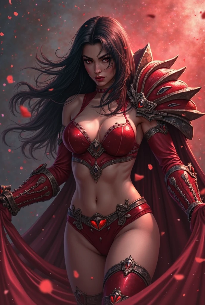 A mid shot of a (red skinned tiefling) woman, gorgeous face, amazing bone structure, defined cheekbones, slim, sharp nose, plump red lips, smokey eyes, dark thick eyebrows, dark eyeliner, dark eyeshadow, beautiful, long dark hair and (short curved bone horns coming from her forehead), (she has deep crimson red coloured skin), striking image, she has a skinny body, skinny waist, toned stomach, with large perky breasts and sexy swaying hips, dressed in revealing fantasy armour, (weairng rouge class battle armour), (best quality), ((masterpiece))