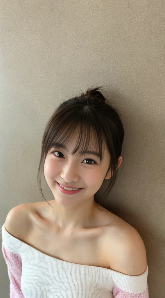 masterpiece,best quality,(Japanese girl),((Beautiful girl)),cleavage,(off shoulder:1.2),(perfect body beauty:1.2),(shy smile),From above