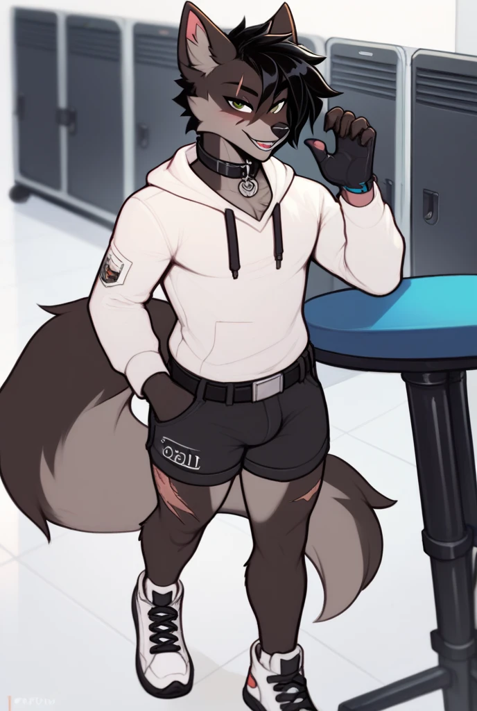 male white furry in thight shorts and black thigh highs and a tight shirt standing