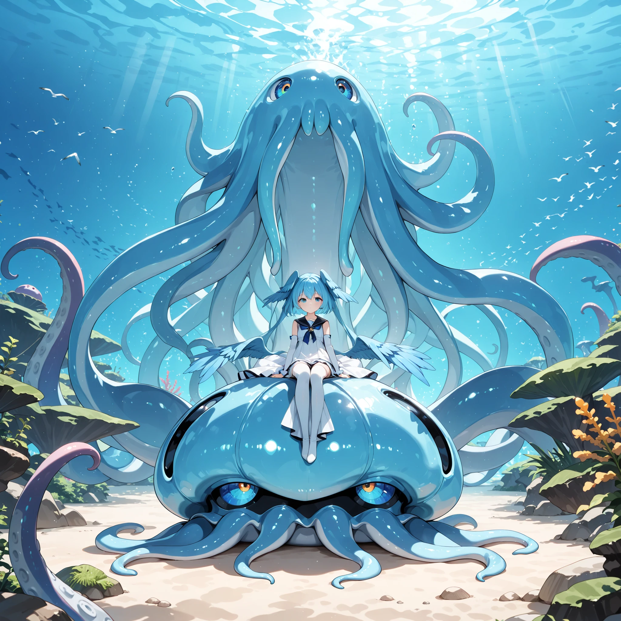 masterpiece, best quality, ultra detailed, anime style, (beautiful siren:1.2), 1girl, solo, full body, sitting, skyblue skin, scales on body, bird tail, skyblue bird tail, (large blue head wings:1.3), detailed eyes, mysterious underwater atmosphere, underwater background, white one-piece dress, kraken, giant kraken in the background, long tentacles