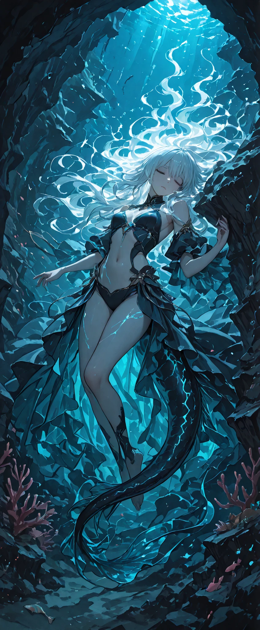 Water goddess green bright eyes, gorgeous face, long greyer hair, greyer brows, juice lip, high detailed face, stand in the water dark side, below ocean somewhere, wear purple and black mix dress, high detailed body head to feet, highly detailed cgi 8k resolution, the hole body, full body, cinematic lighting, hyper realistic