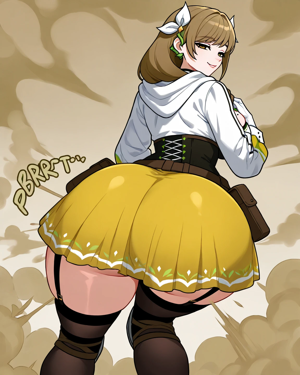 (Aki Minoriko), mob cap, Grapes, Grape Hat Ornament, Wide sleeves, Shirt, Skirt, Apron, Seductive smile, Short hair, Red Eyes, thick eyelashes, wide hips, frilled dress, farting, butt, black panties, squatting, from behind,