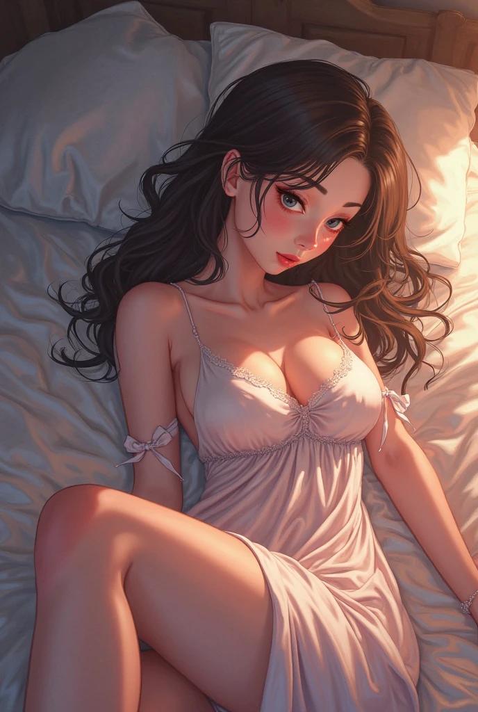 Highly detailed and high resolution、8K、Realistic rendering、Cinematic lighting、Photorealistic style Japanese woman in her 20s、Wearing a camisole、Lying on a bed in a bedroom at home。The setting is night, so she looks a little sleepy.。The center of the room has moderate indirect lighting.、A soft light illuminates the woman's skin。The composition is landscape.、The camera captures the woman from slightly above.。