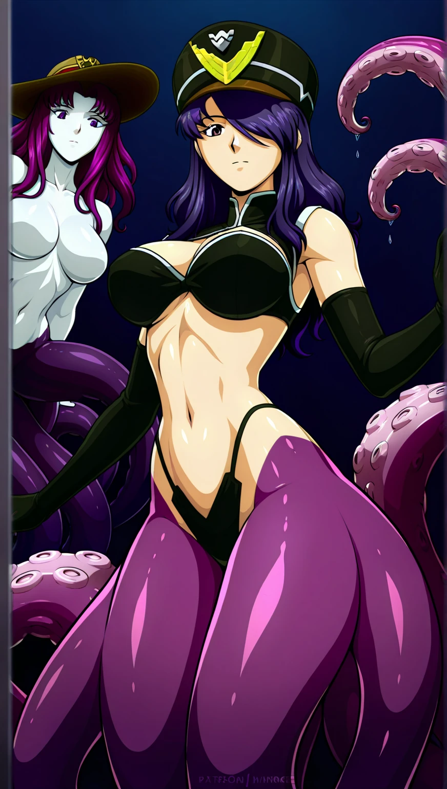 mature female, mature, Adult,((Himeno_CSM)), Himeno(Chainsaw Man), Eye patch, One Girl, solo, Villain, bad woman, chest, Black Hair, View your audience, short hair, Seductive smile, A woman sits on a group of smooth tentacles, Open your arms, Raise the hand, Tentacle Background, psychedelic Background, Purple leotard, sweet, Steam, dripping, dark atmosphere, masterpiece, Top animation quality，Top image quality，cinematic feeling,
