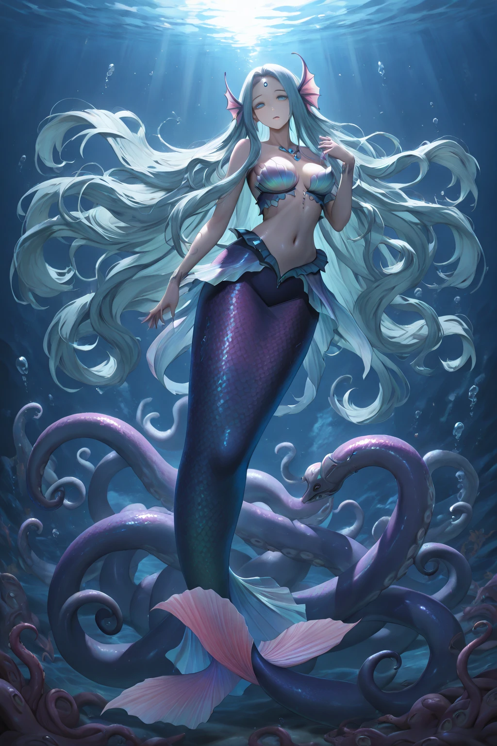 Merman woman of the seas, Unripe, Mermaid tail, sensual sexy, in the deep sea, pose movement, cores Unripes, esUnripeado