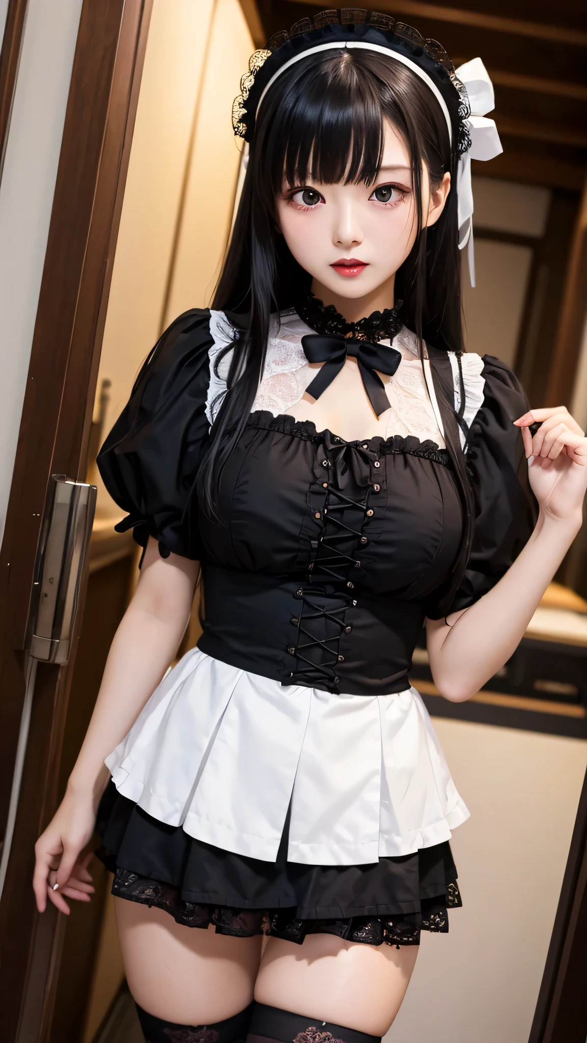 absurdres, (RAW photo), (extremely delicate and beautiful), (masterpiece), (Best Quality), (ultra high resolution), (32k), (hyperrealistic), (ultra-detailed), (perfect anatomy:1.2), perfect figure, super Detailed skin, Very detailed CG 8k wallpaper, 30 years old, very Slim body, narrow waist, very small head, very small face, delicate facial features, tearful mole, earring, thin legs, (very huge round breasts:1.2), full body shot, short hair, (wavy hair:1.2), wet clothes, (maid costume with black and white, lolita fashion, gothic fashion),