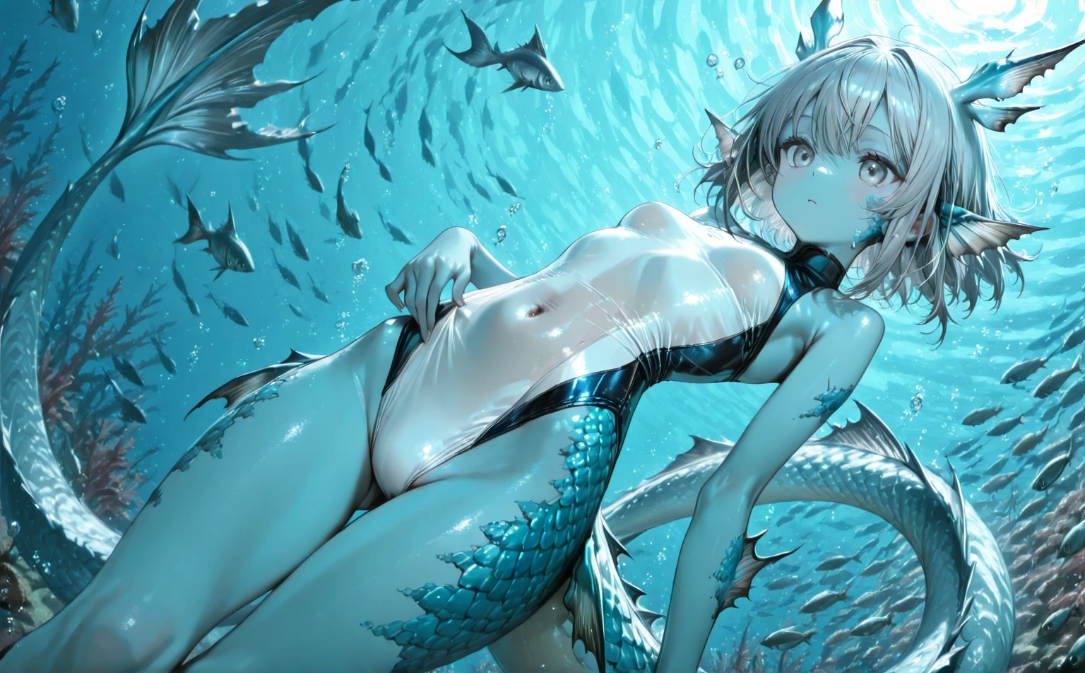 shark girl,nude,egg laying,in the beach,orgasm face
