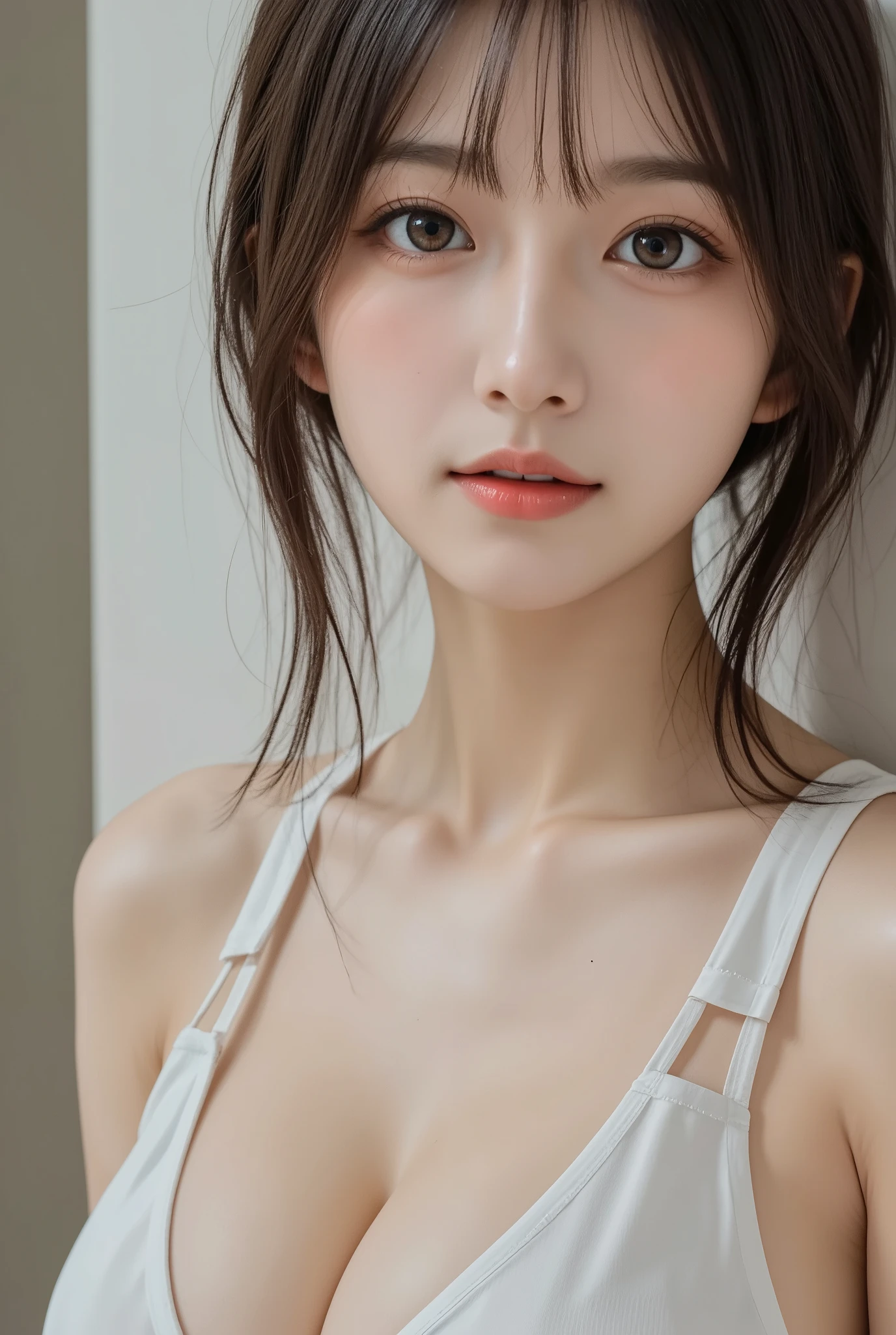 Bust photo，A beautiful woman，Messy hair，teenage girl，Symmetrical bun，Hair accessories，jewelry，Delicate face，Eyeshadow，Exquisite black top，Off-shoulder，Crop Topping，Showing belly，Dunhuang style，Lots of ribbons，Delicate skin，Soft lighting effects，Fine and smooth hair，Exquisite details，eyes highlights，White skin，Beautifully portrayed，Extreme details，Cinema quality，emaciated，Slender，Fragmentation，Hair details，Thin bangs，Shawl hair，Correct body，trace，Air bangs，8k，Super detailed，Delicate fabric texture，Softness，complacent，Smooth texture，Dunhuang style，Delicate pattern，Correct hand drawing，Smile, Crane plum, Surrealism, Ray Tracing, Ultra HD, High Detail, Super Detail, high resolution, 8k, high quality, High Detail, textured skin, precise，Large Breasts, [特写Cleavage]]]]Huge long saggy breasts, Cleavage, The chest is more exposed，Thighs are thicker、