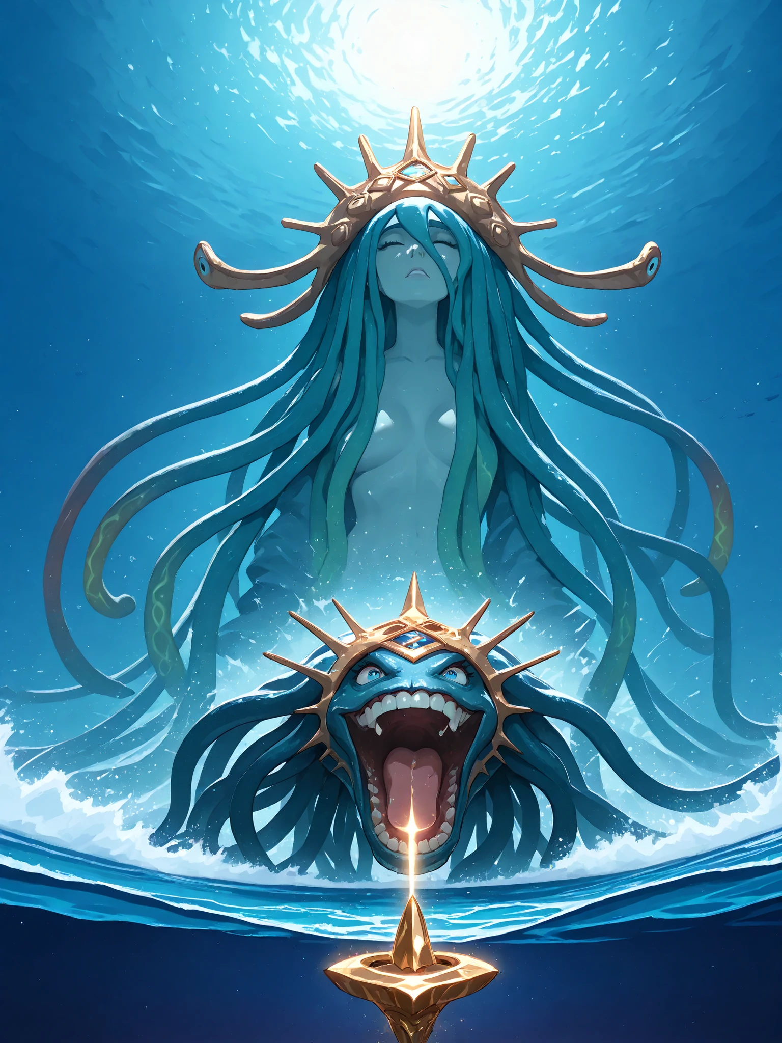 ((( blue and gold ))), Using only these two colors, Create the Sleeping Kraken, a giant sea monster from Norwegian legends, at the bottom of the sea, radiating power, power, harmony , intensity and immeasurable quality of art