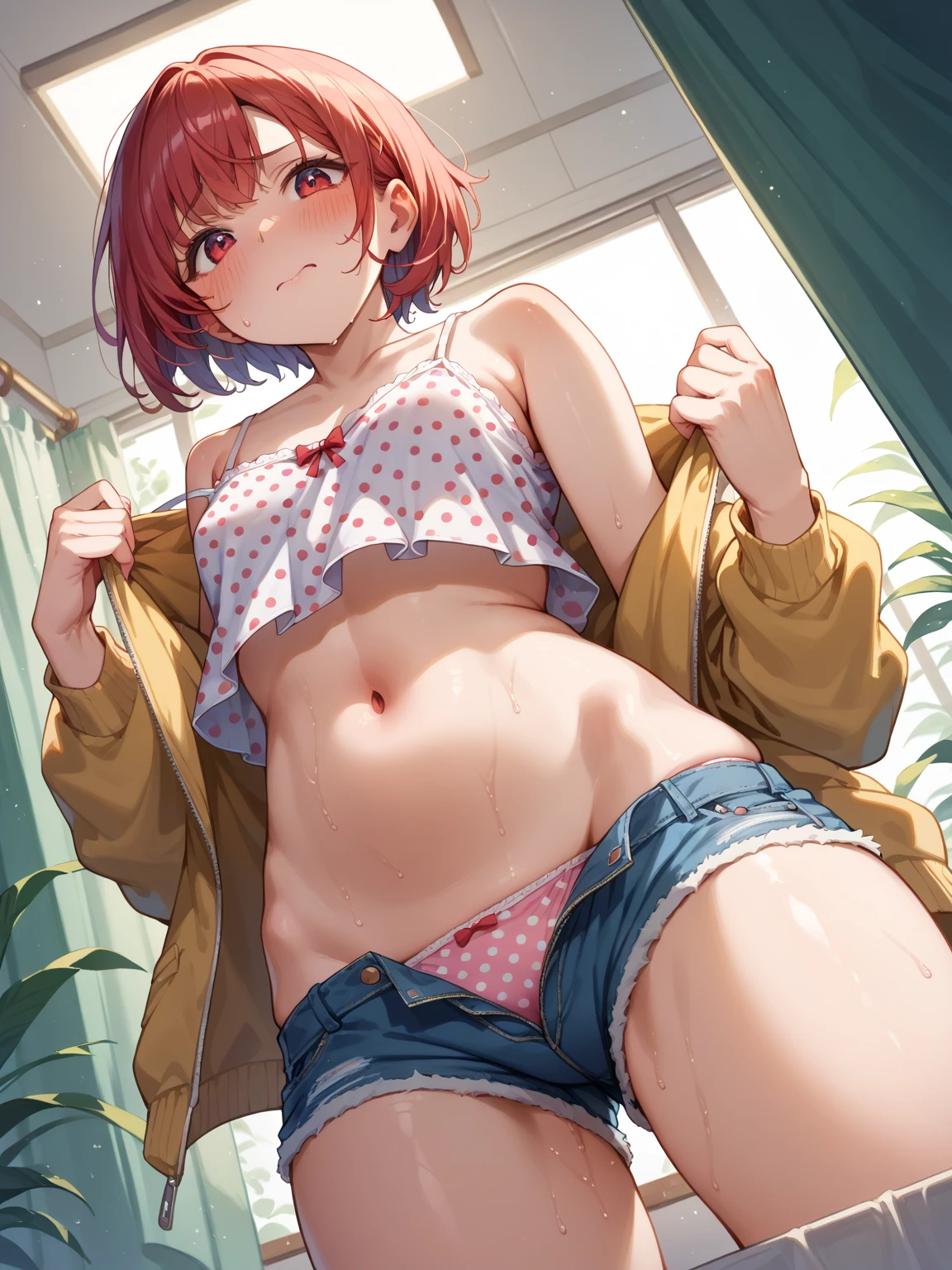 (Highest quality, 8K, 4K, High resolution, masterpiece:1.2), Very detailed, Anime Style:0.9, Realistic, Bright colors, Written boundary depth, Blurred Background, alone, 1 female, (Red Hair, Short Bob, Cut straight、Straight bangs, Dark brown eyes), Beautiful facial details, Beautiful Eyes, Long eyelashes, Soft lips, (Small face), (smile:1.3), Rear View, ((Naughty underwear:1.2, )), (Spread your legs wide), Erect nipples、 Big erect clitoris, Big cleavage, Emphasis on the crotch, Creampie, Expressions of ecstasy, Sweat, Blushing, My body is soaked, Underwear that bites into the,