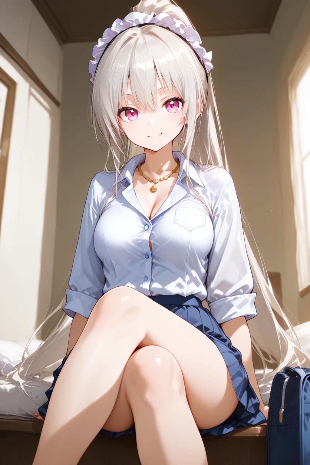 very cute and beautiful girl,(Very detailed美しい顔), (smile),blush,Black Hair,Seraphim,((White Hair、long hair)),(White Shirt、Pleated navy blue pread your legs、Squat)、Sitting、(From below)、(Lace panties), Country road, (Highest quality,masterpiece:1.0),Absurd,High resolution,Super detailed,Very detailed,32K,8k resolution, Intricate details,Movie Scenes,Detailed Background,alone,Dynamic Angle,