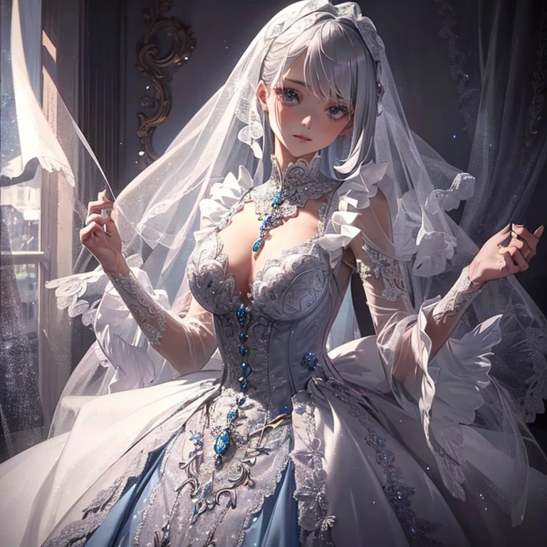 bride: wedding ring shining on ring finger Fusion of medieval European fashion Emphasis on elements of cuteness and adoration Posed illustration of the overwhelming cuteness of the character in the foreground Overwhelming architectural and cityscape background Ultra-detailed, rich, contemporary interpretation of medieval Europe and fantasy world Realistic textures, Professional artistic shading and light sources, scene-like cinematography and effects, depth of subject One beautiful girl, super cute, bob cut, side ponytail, perfect anatomy
Colours: pastel, white, pale purple, blue, gingham check
Materials: chiffon, lace, satin, velvet, etc. Silhouette: fluffy skirt, A-line, long length
Decoration: frills, ribbons, lace, pearls, embroidery etc. Coordinates Romantic princess: pastel dress, lace blouse, fluffy skirt, ribbon hair accessory, black tights Add accessories and accessories to personalise.