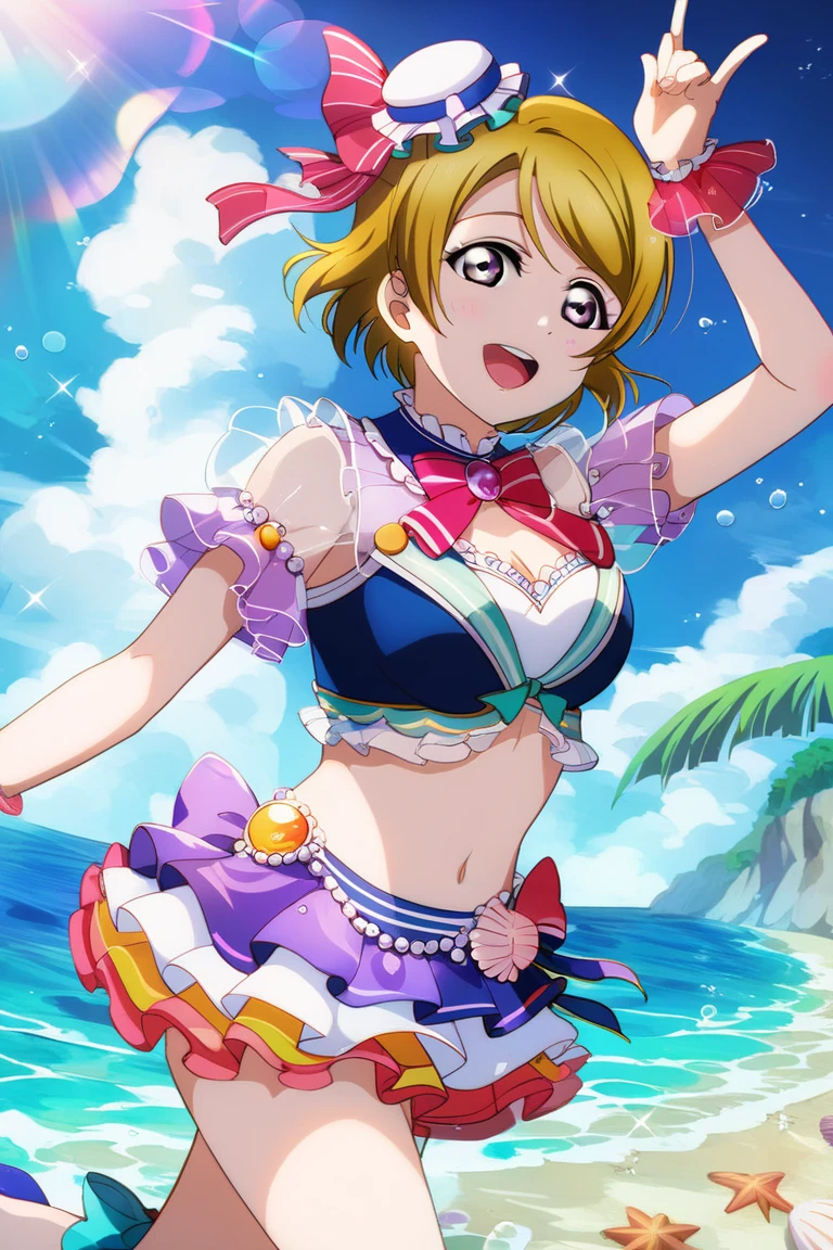 (masterpiece, best quality, highres), 1girl, medium hair, medium breasts, bikini, swimsuit, arms up, hands up, armpits, white background, id_honoka_kosaka, front view