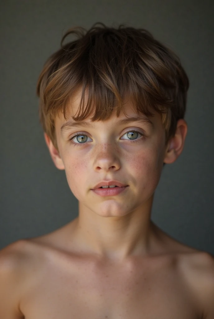A naked fourteen year old boy, muy hermoso, piel blanca, rasgos finos, light brown eyes, light brown hair, small slanted eyes, mirada seria, mirada triste, desvestido, en la sala de estar, gafas discretas, desnudo, cuerpo completo
