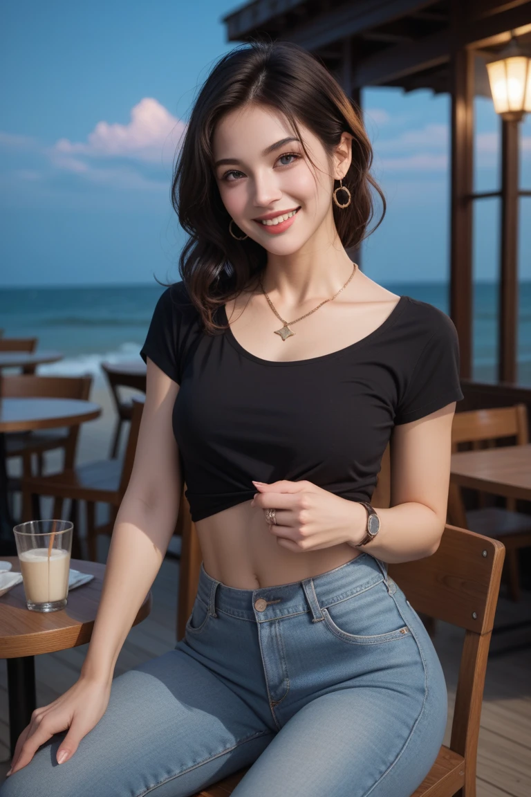 (Canon RF85mm f/1.2), (8k, RAW photos, best quality, masterpiece), (realistic, photograph realistic), high quality work, realistic works, Super premium graphics, 8K high-definition CG works, High quality graphics, High-definition and exquisite CG works, 10x pixels, (Ultra-fine details), (Advanced technical details), Realistic photo effects, (natural soft light), (Light effect), ultra high resolution, Beautiful detailed girl, Very detailed eyes and face, masterpiece, fair skin, hazy beauty, very detailed , (Beautiful detailed eyes), detailed skin structure, perfect , ((perfect figure)), Beautiful detailed whole body, delicate face, exquisite body, fine collar bone, lovely lips, Behind the softness, adorable, ((slim waist:1.3)), (medium breasts, Bulging breasts, crisp breasts), ((cleavage)), ( look, soulful eyes, glowing eyes, beautiful and clear eyes), (bouffant messy long hair), (shiny lips), ((happy smile)) ((Enchanted expression)),  appearance, ((crop top t-shirt, soft black coat:1.2)), ((necklace, earrings), ((view over street:1.3)), ((midnight:1.2)), physically-based rendering, ((the body from thighs up:1.3))