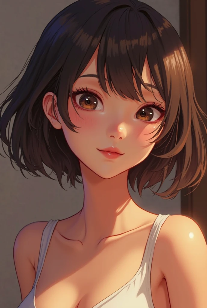 Beautiful and attractive woman、Half-body photo、Delicate and sexy collarbone、Attractive oval face、double eyelid、bright peach-colored eyes、Pink Lips、Small Nose、Concentrated face、Face close-up、Black Hair、Bobcut、Ultra-high resolution、Super detailed、Pink volleyball outfit