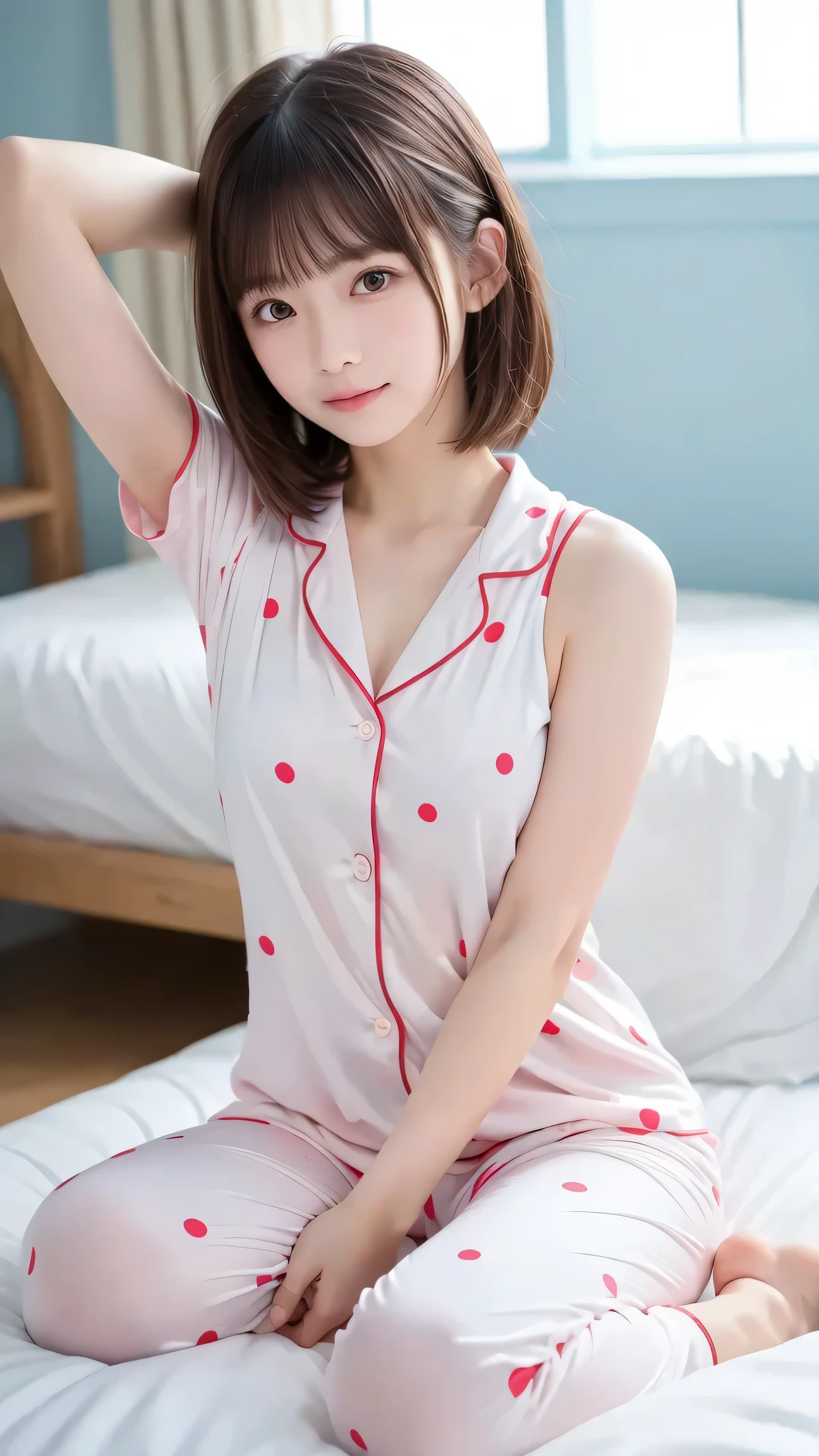 masterpiece, top quality, girls, (tight nylon pajamas), Polka dot pattern, cute, summer, bed, Sunshine, anime style, high resolution, Super Detailed、 Awaken、stretch your arms wide、(tousled hair)