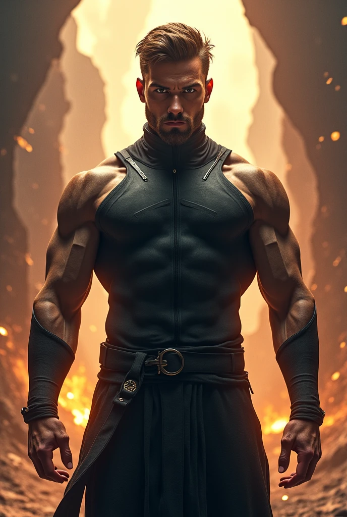 a hooded male character, detailed muscular body, intense orange and yellow color palette, dramatic lighting, cinematic composition, digital art, highly detailed, photorealistic, 8k, best quality, masterpiece