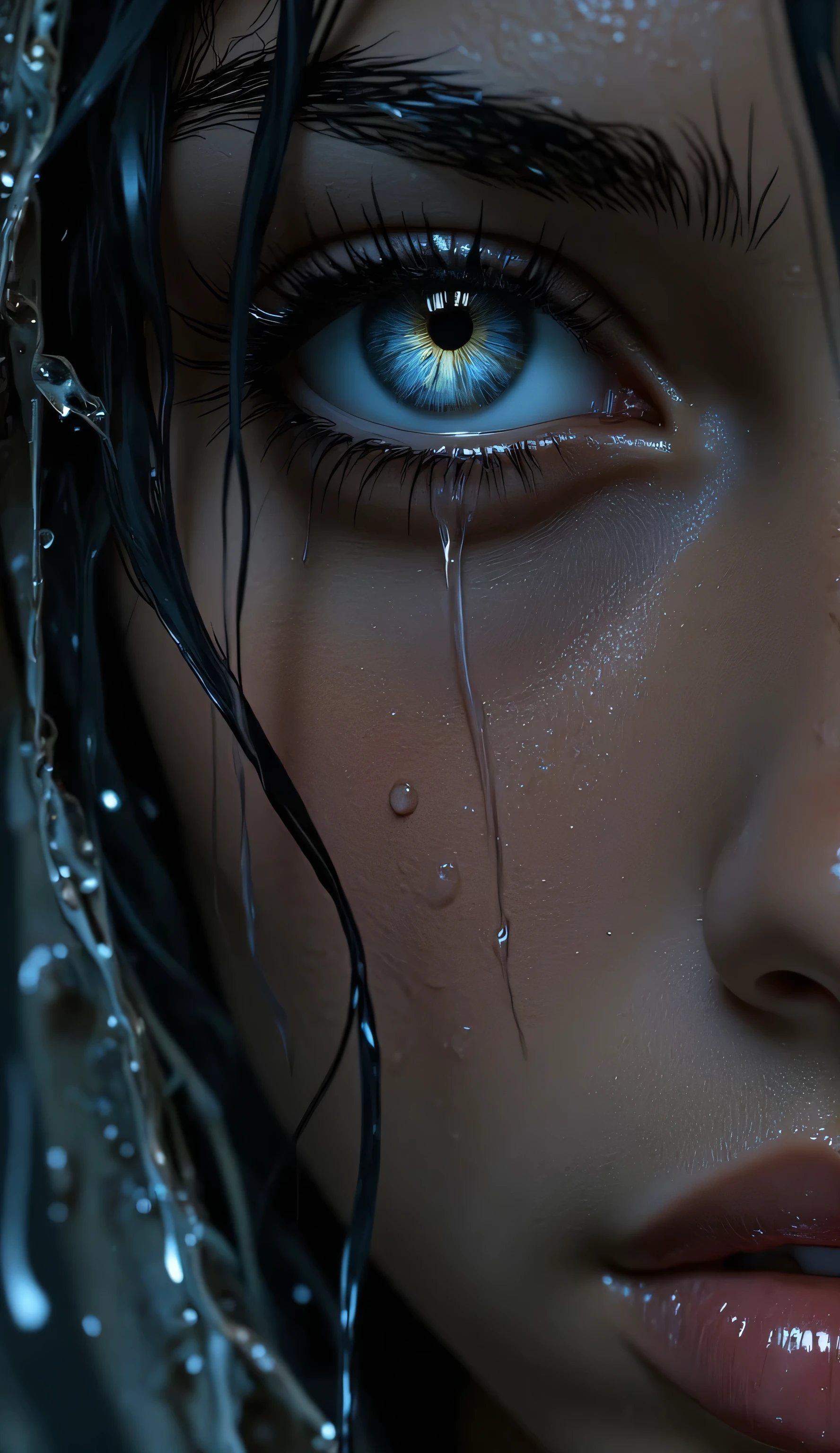 a close up of a woman with blue eyes and a black jacket, water eyes, beautiful crying! android woman, wet reflections in eyes, amazing digital art, wet dripping hair, blue face unreal engine, closeup fantasy with water magic, hyperrealistic digital art, amazing detail digital art, hyperrealistic fantasy art, hyper realistic digital art, wet relections in eyes