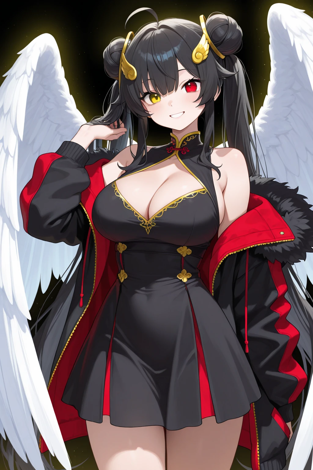 Thighs、Dark skin、Red clothes、belly button、shoulder、turbaned、The background is the wilderness、outside、long hair、Red eyes、Red sunset、Open-chested clothing、Black wings、
