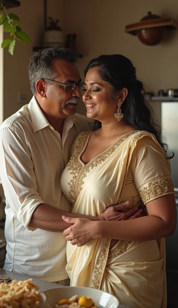 Close up shot, A radiant South Indian, chiffon white colour chiffon saree wearing plus sized girl ,with her curvaceous figure , hugging and kissing on the lips of a jubilant 60 year old joyous embrace in a bedroom, captured in a full body image with vibrant colors and intricate details. Full body image