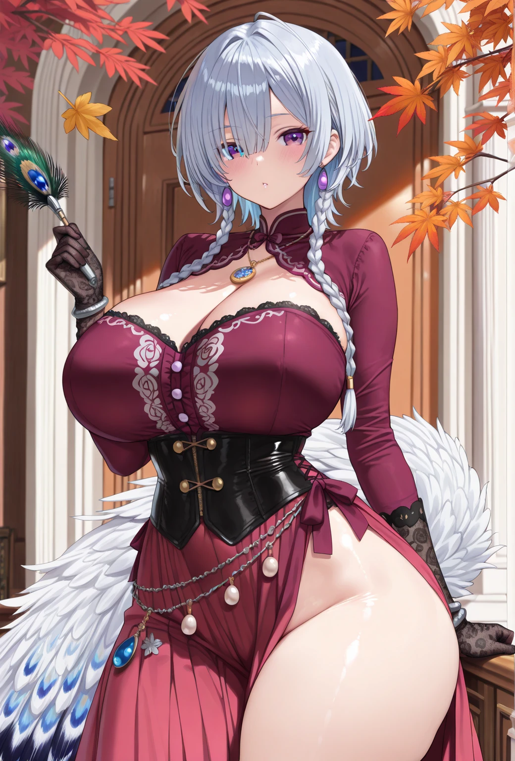 Noble Mansion,(gray hair：2.0),Slender high straight ponytail,gold headband,Standing close-up,dream world,Mature lady,(Slender blue phoenix eyes,lipstick,long eyelashes),long eyelashes,Contact lenses,gemstone gold necklace,(Off-shoulder blue fur dress,fur tube top,fur strapless,wide cuffs,Long skirt,belt：2.0),fur tube top(big breast)ballroom background,(soft light and shadow：1.9),fur high heels,plush high heels,Detailedly drawn backgrounds