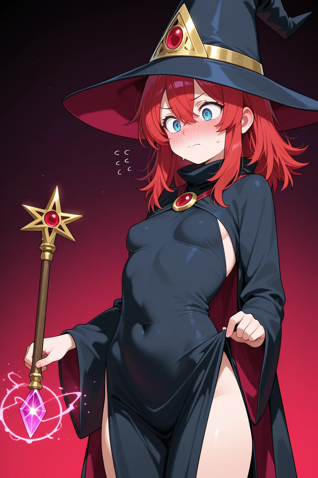 (Beautiful detailed eyes), (Beautiful Detailed face), (masterpiece, best quality:1.1), mage (dq3), 1girl, solo, short hair, pink hair, red eyes, witch hat, gloves, medium breasts, boots, (orange cape), staff, black socks, witch, simple background, (nude), (nipples), (bottomless)