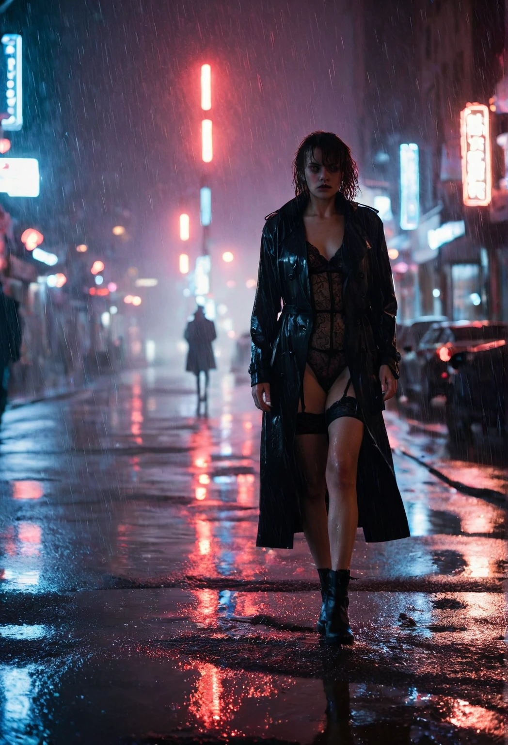 in wetsuit and coat walking in the rain., Bladerunner in the rain, from the movie Bladerunner, Bladerunner style, cyberpunk femme fatale, Blade Runner movie style, Kylie Jenner as Catwoman, Bladerunner style, Blade Runner vibes, Blade Runner style, Blade Runner style, by Galen Dara