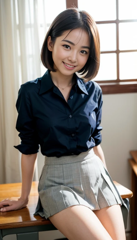 Highly detailed CG Unity 8k wallpaper, highest quality, Super detailed, masterpiece, Realistic, photo Realistic, Highly detailed cute girl, 7 years old,smile), Showing panties , Panty Shots, blush, Lips parted, View Viewer , sit,Half Body Shot , With a short bob cut skirt on,