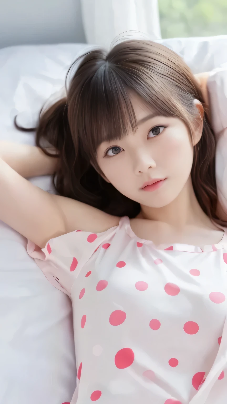 masterpiece, top quality, girls, (tight nylon pajamas), Polka dot pattern, cute, summer, bed, Sunshine, anime style, high resolution, Super Detailed、Sleepy face、(tousled hair)、(Detailed Arms:1.3, Perfectly correct arm:1.3)、(perfect anatomy)