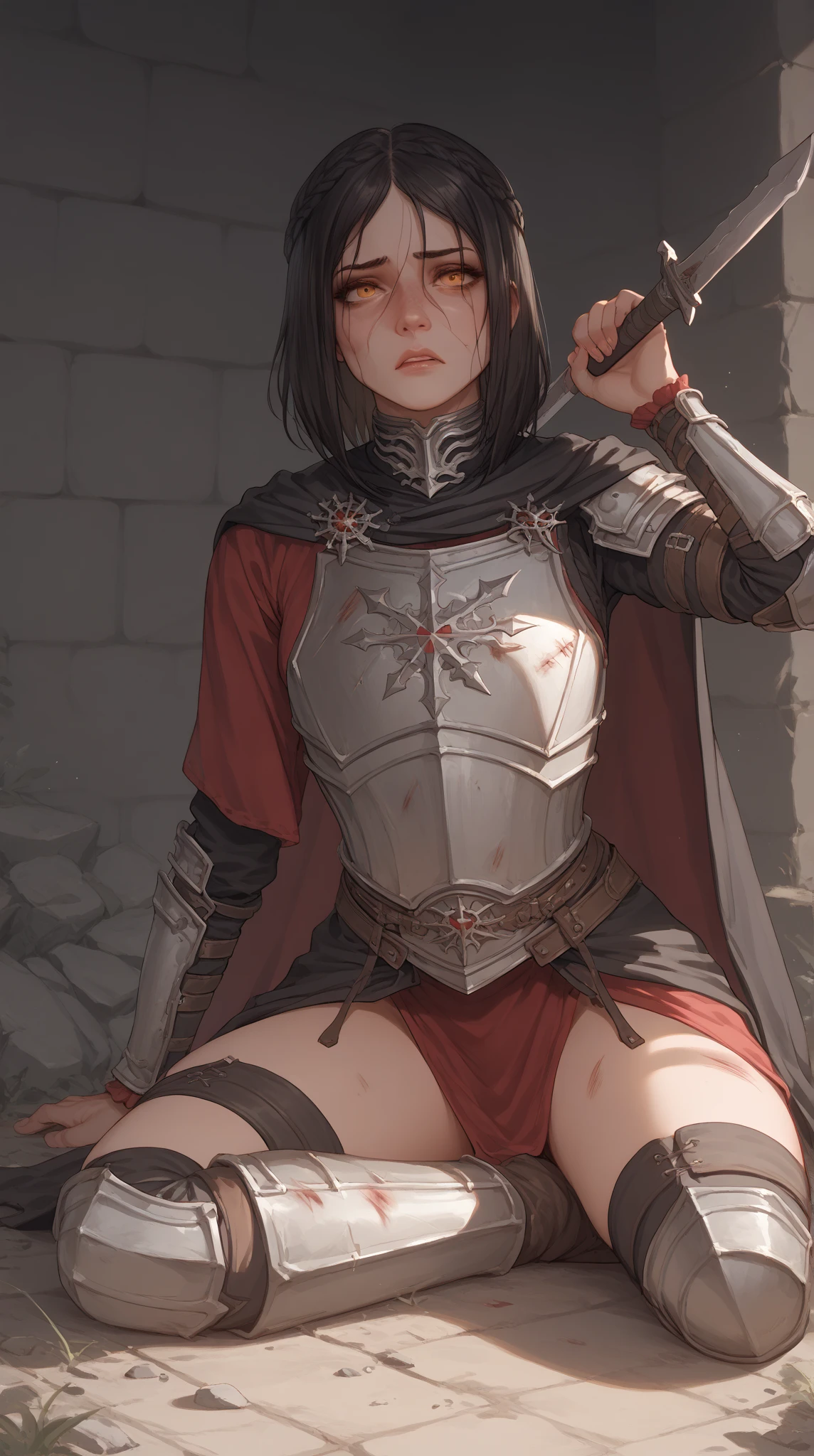 (high resolution, pixel perfect, realistic, gorgeous illustrations), (hyper quality, muste piece, etheric: 1.4), ((((nsfw)))), (((1girl))), full body, (((dark skin))), (((((((squatting,open legs))))))), tattoo, mature woman, cool atmosphere, blonde hair, (((((((straight hair))))))), ((Exquisite face)), ((orgasm)), (((blush))), (((((((muscular))))))), ((thick thighs)), (((wide hips))), ((Big breasts that are about to burst)), fighter, (((woman))), ((((wh_chi_armor)))), lewd woman, (shiny skin), ((((gleaming skin)))), (((sweat))), simple background,