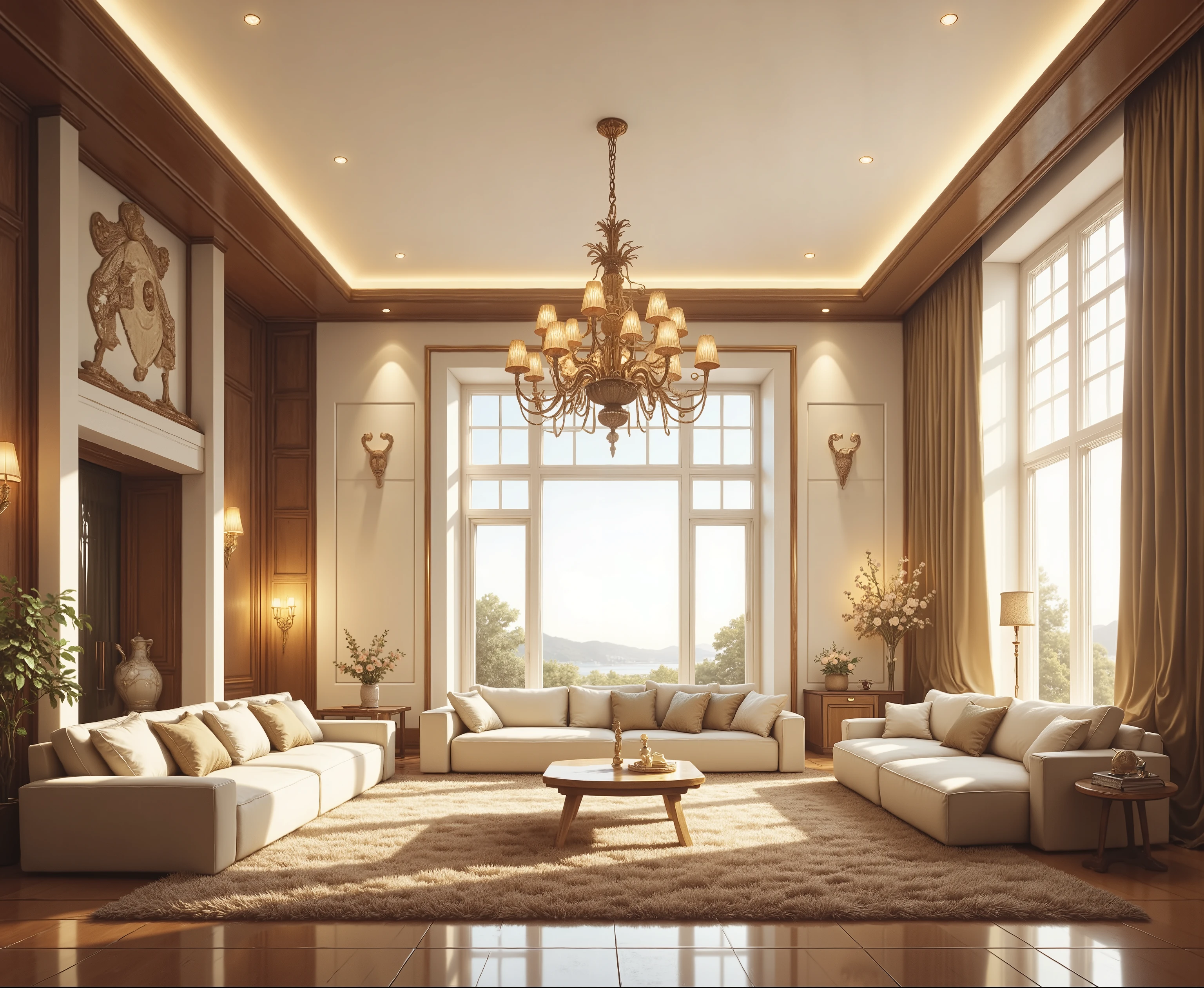 European and American retro villa living room,Large bright, Low-key luxury。Empty, no one。The living room side is a huge window,Soft large sofa
