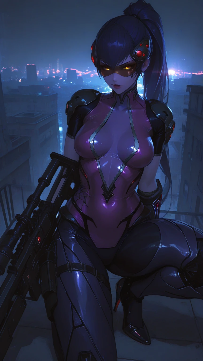 (masterpiece, best quality, ultra detailed, absurdres)1.5, 1girl, (sexy, beautiful woman, perfect face, perfect eyes, perfect female body, huge breasts)1.5, (widowover, widowmaker \(overwatch\), colored skin, purple skin, long hair, purple hair, hair pulled back, pink bodysuit, gradient, <lora:WidowOver:0.7>), (standing, rooftop, science fiction, European city in background, night sky), perfect lighting, smooth, hdr