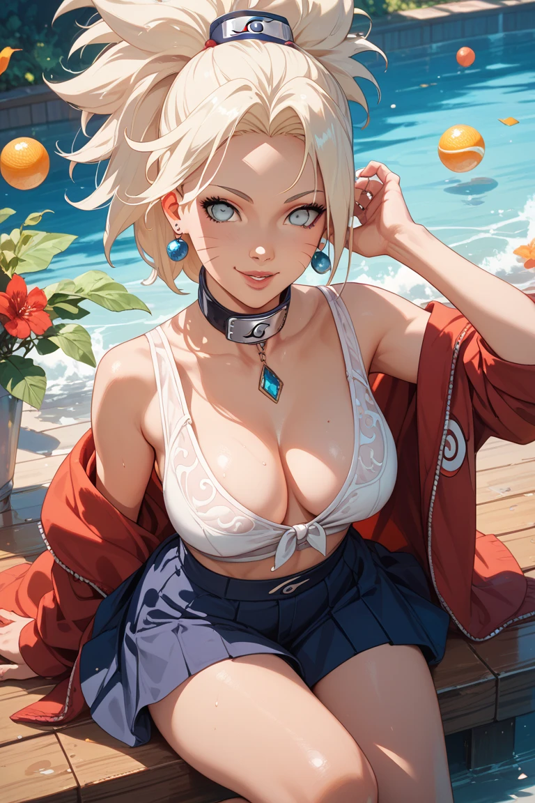 There is a woman in a bikini sitting on a pink raft, Young Pretty Gravure Idol, wearing pearl neon bikini, Realistic Young Gravure Idol, sakimichan, Young Gravure Idol, 奈良美智, in bikini, Yasumoto Oka, Young Sensual Gravure Idol, Chiho Aoshima, chiho, top-quality、Top image quality、masterpiece、girl with((18year old、Best Bust、big bast,Beautiful blue eyes、Breasts wide open, Blonde ponytail、A slender,Large valleys、Black hoodie、Red and black skirt、Sleeveless、Ruby Earrings、all-fours、Leaning forward))hiquality、Beautiful Art、Background with((Full Moon Night、dancing rose petals、Beautiful night sky、blue rose meadow)))、,masutepiece、visualart、depth of fields、