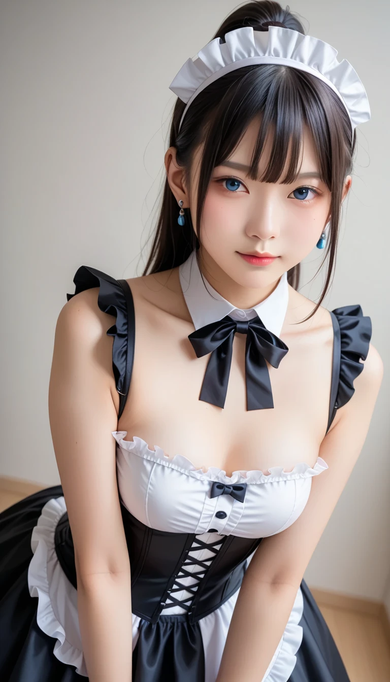 in 8K, Velvet bunny costume, velvet, Bunny girl black costume, Close-up of the chest, Ultra realistic bunny girl, Bokeh background, bokeh feeling, Lots of bunny girls in the background, inside room, Sorrisos, Happy Eyes, shiny white skin, girl cute, Looking at the camera, High heel, small tits, White choker and black bow tie around neck, White cuffs on wrist, Rear view, Hold your chest with your hands, buttock