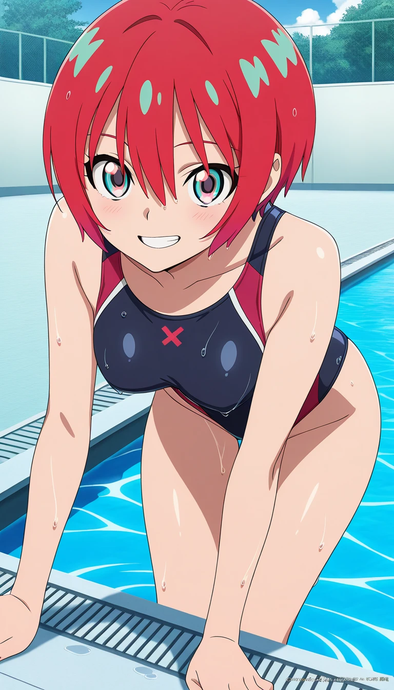 (perfect body),highest quality,16k、Masseter muscle part、((NSFW))、(())、low length、((((embarrassing))))、:d、Tree Fe○lumes、short hair、(blue eyes),redhead、Pigtails、((Sweat))、((flat chest))、swollen nipples、(Poolside)、cloudy sky、Red camisole、black mini skirt、white panties、((Skirts twisted by the wind))、both armpits、Hands restrained behind the head、On my back、thick thighs、spread your legs、